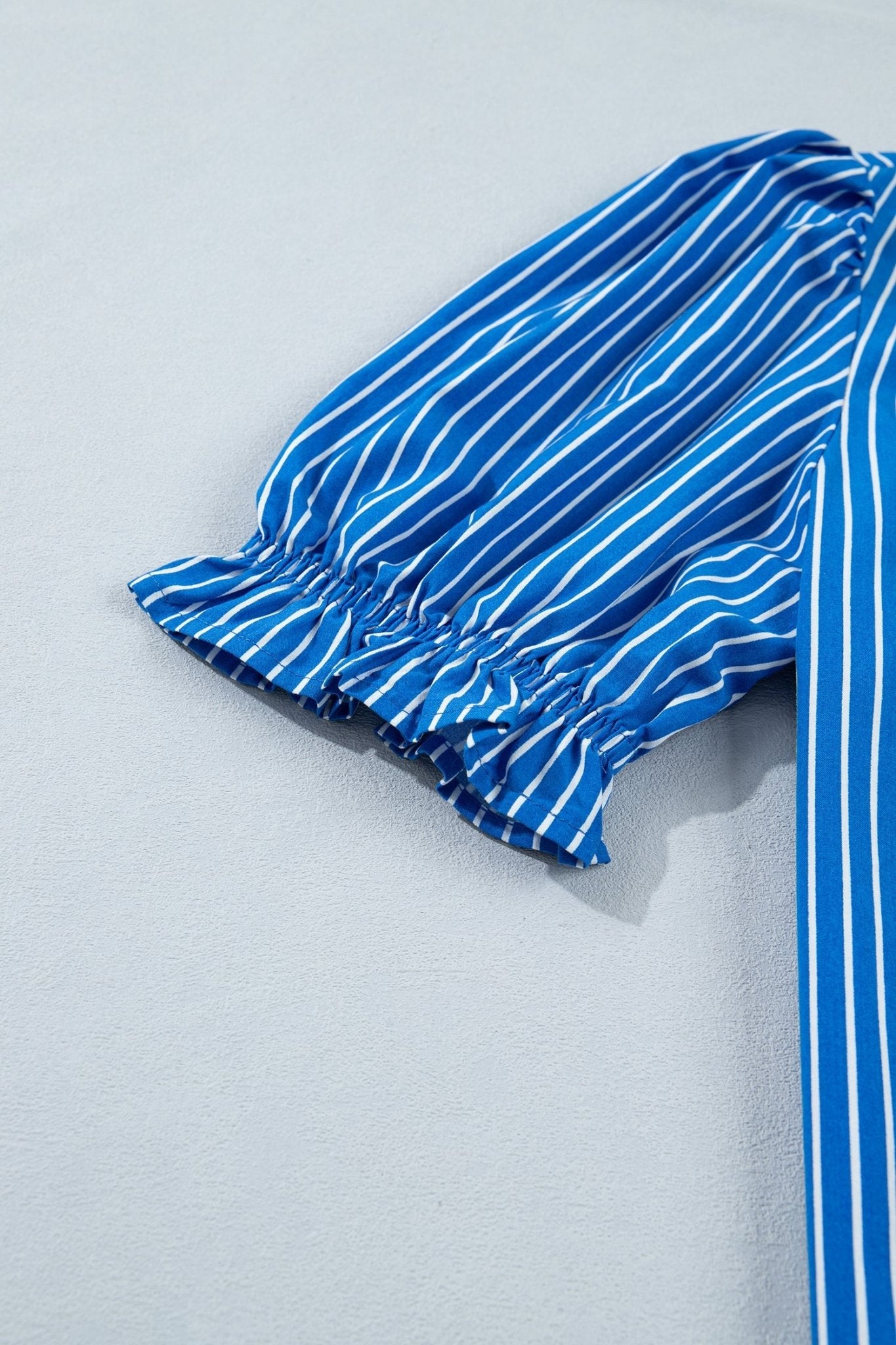 Blue Stripe Ruffled Short Puff Sleeve Button Front Blouse - Loving It Shop