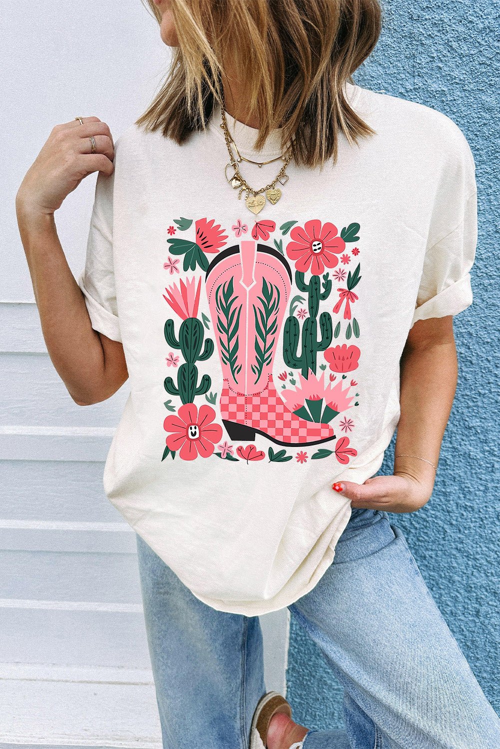 White Western Boots Flower Print Round Neck T Shirt - Loving It Shop