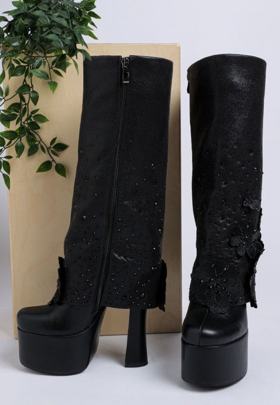 Sundra Floral Applique Platform Heeled Boots