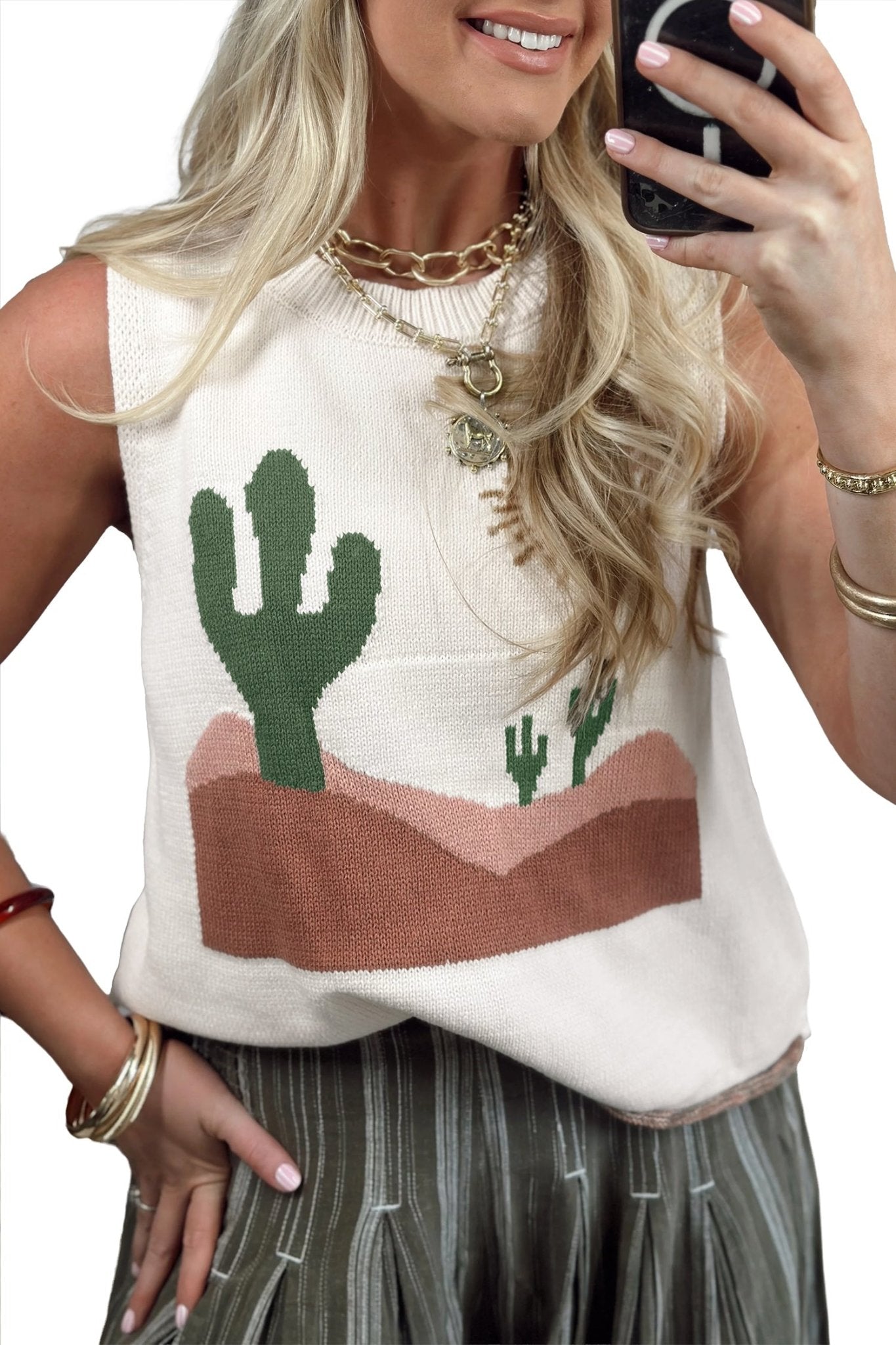 Multicolour Cactus Western Oasis Loose Sweater Vest - Loving It Shop