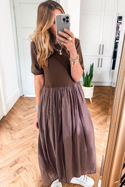 Coffee Short Sleeve Knit Top Patchwork Pleated Long Dress