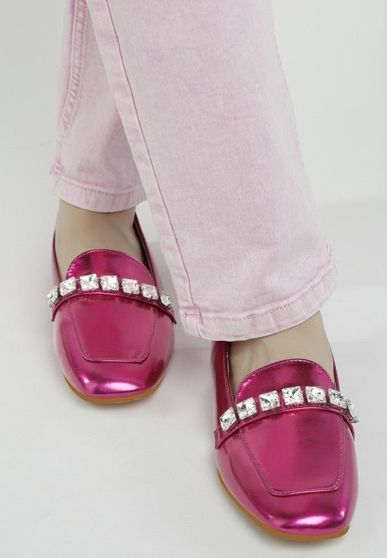 Celosia Metallic Diamante Strap Loafers - Loving It Shop