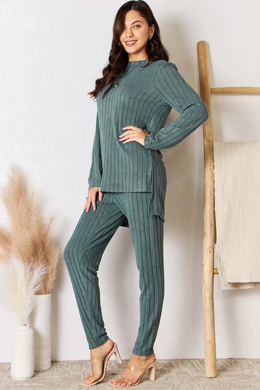 I am a Fashion Junky Full Size Ribbed Round Neck High-Low Slit Top and Pants Set