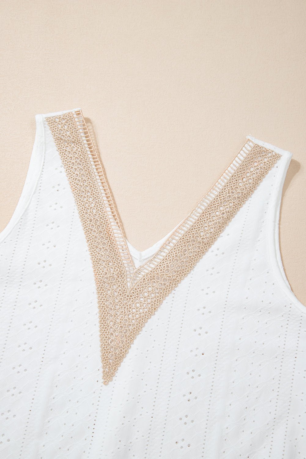White Lace Crochet Splicing V Neck Loose Fit Tank Top - Loving It Shop