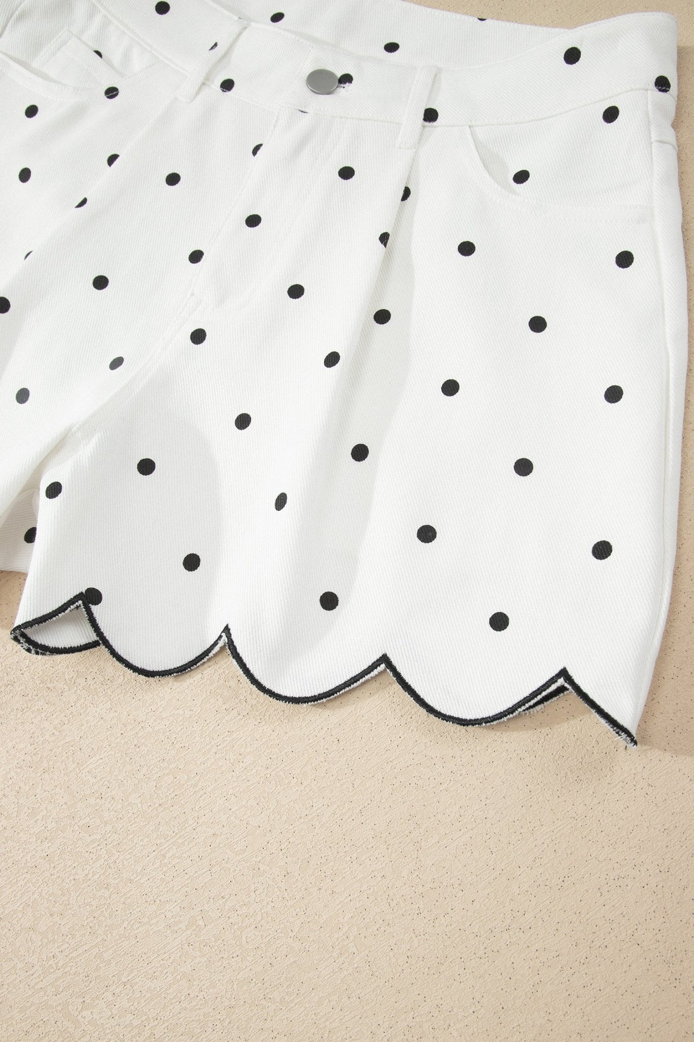 White Polka Dot Print Embroidered Scallop Hem Shorts - Loving It Shop