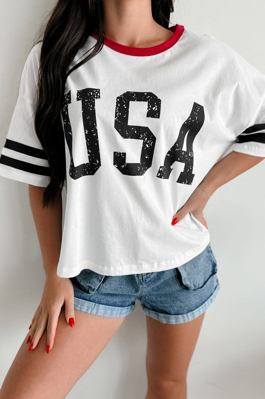 White USA Letter Printed Varsity Striped Sleeve Round Neck Tee - Loving It Shop