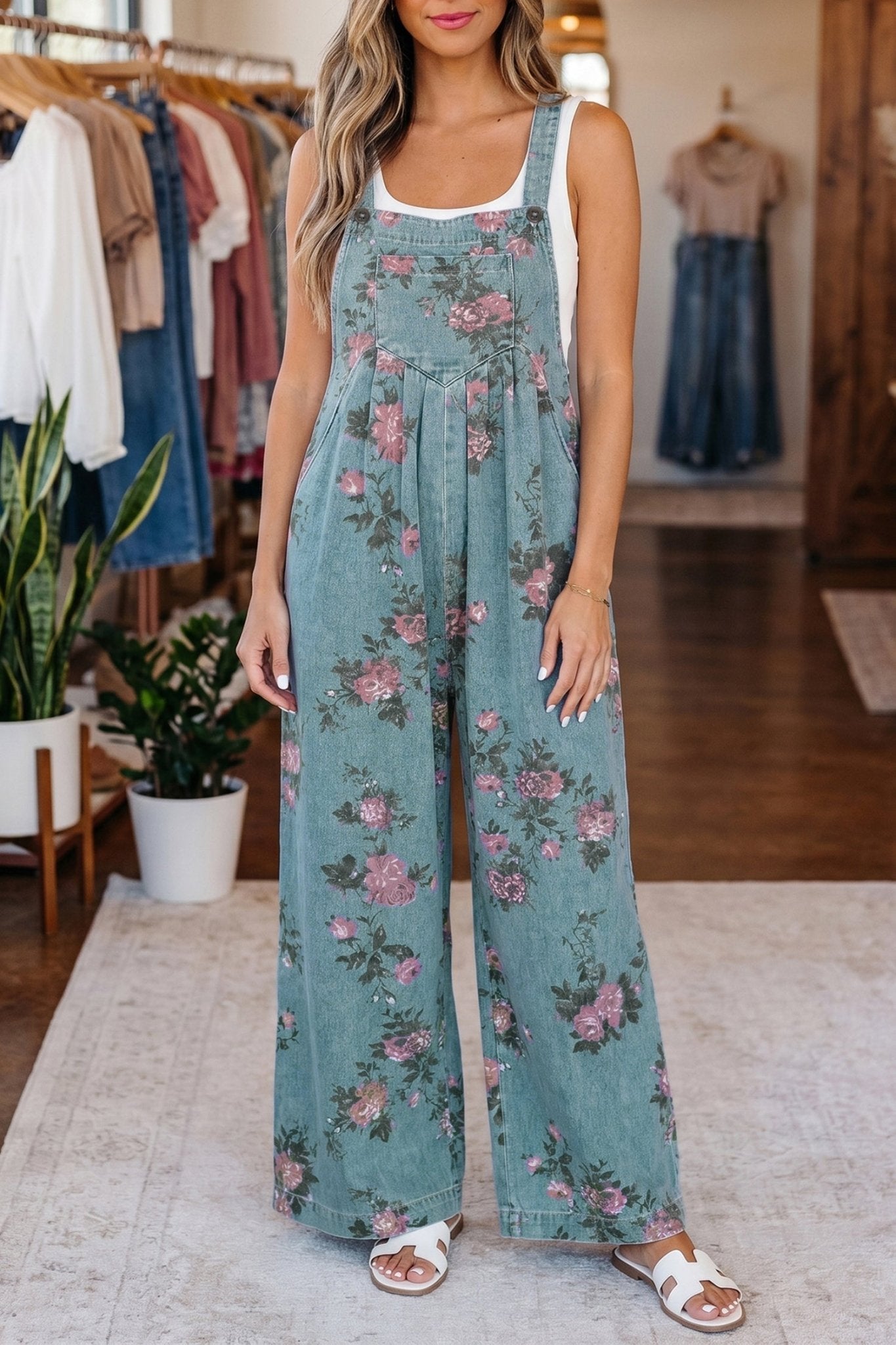 Beau Blue Floral Print Pleated High Waist Wide Leg Denim Jumpsuit - Loving It Shop