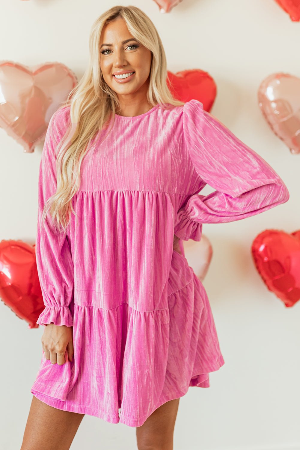 Strawberry Pink Flounce Sleeve Tiered Ruffled Velvet Mini Dress - Loving It Shop