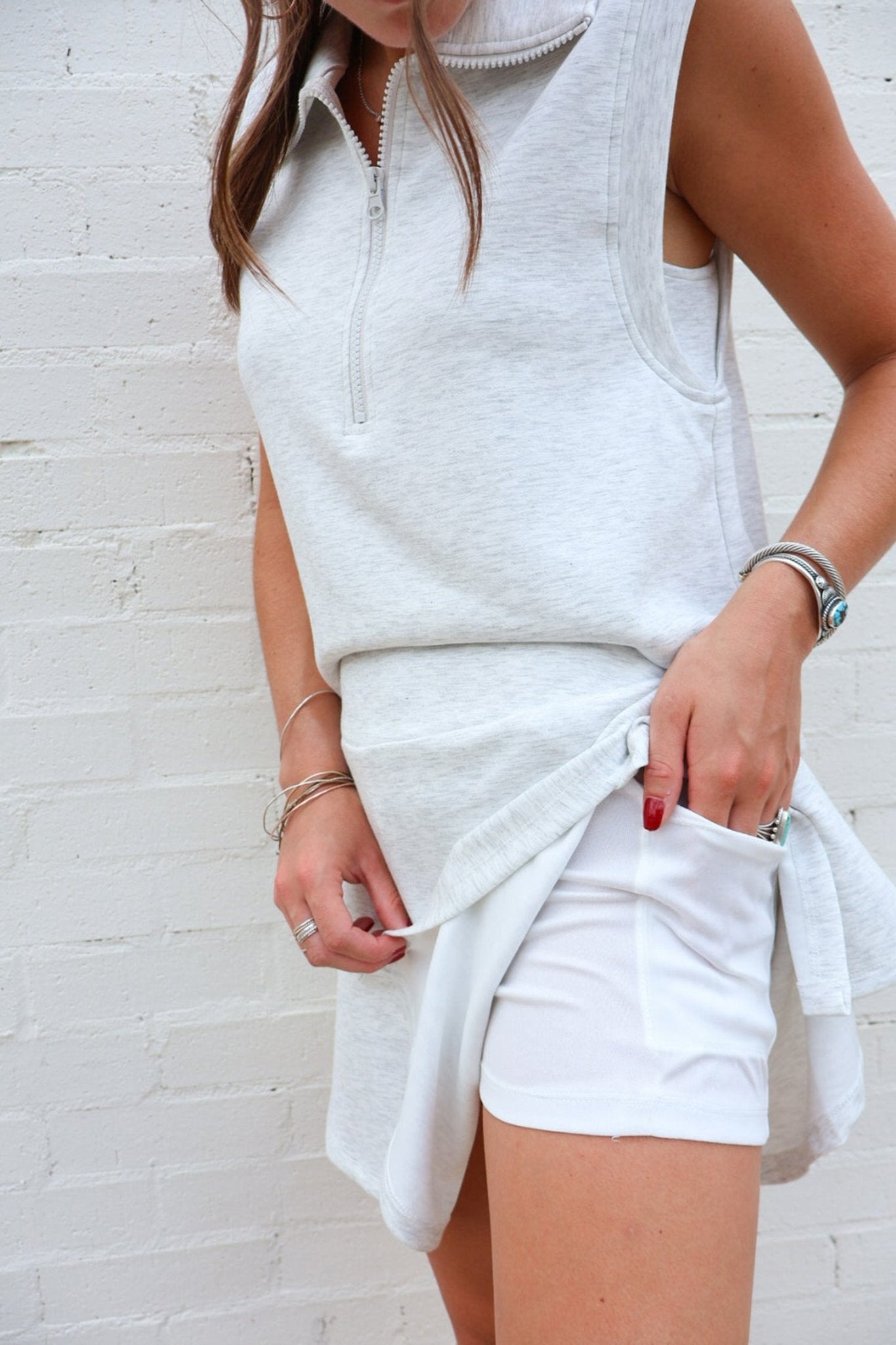 Light Grey Solid Color Sleeveless Zipper Tank and Skort Set - Loving It Shop