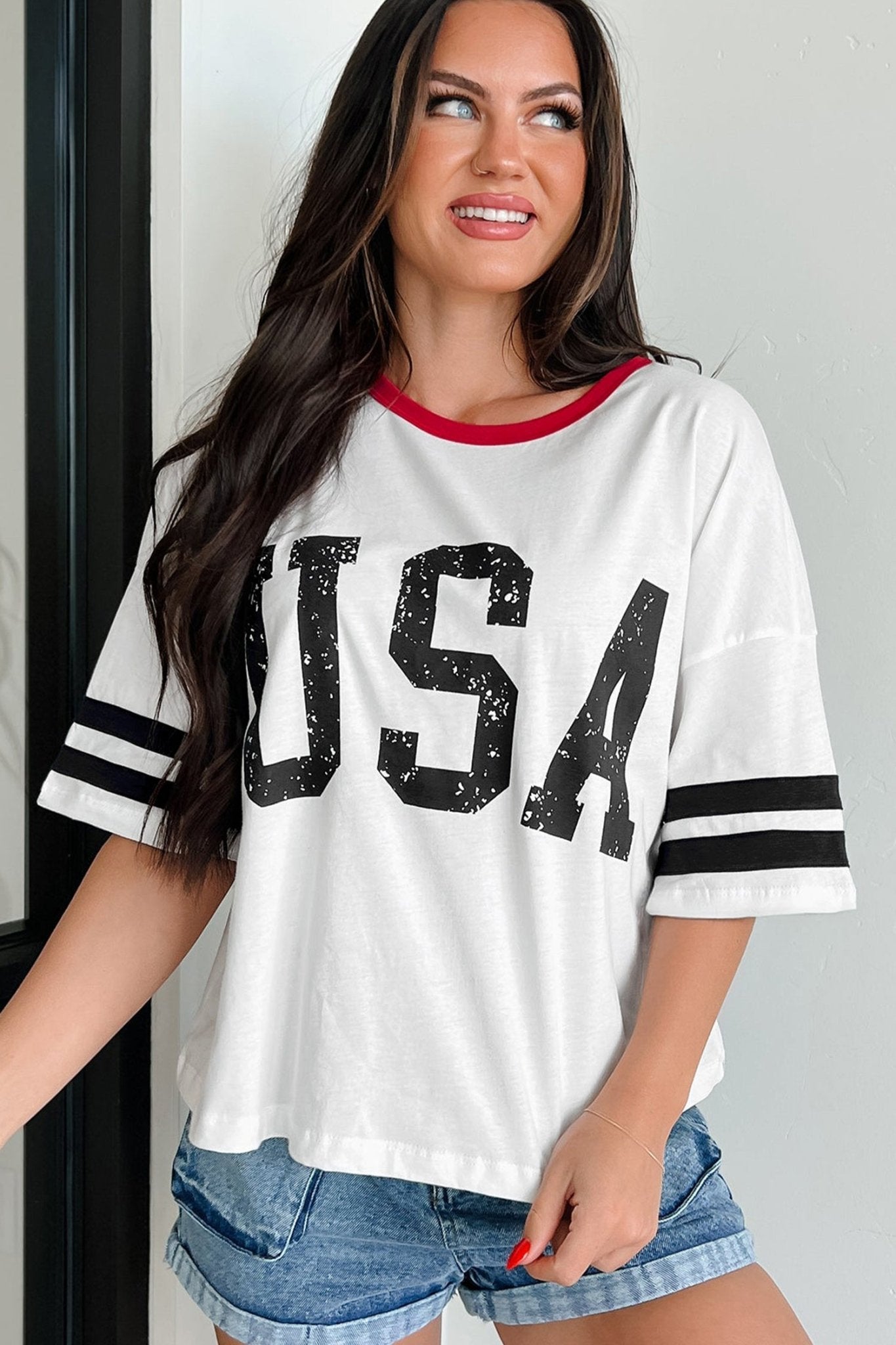 White USA Letter Printed Varsity Striped Sleeve Round Neck Tee - Loving It Shop