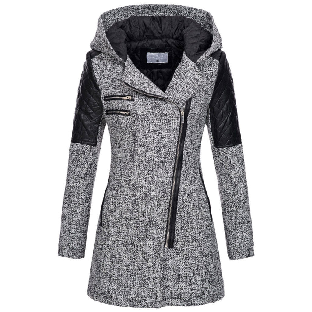 Women Warm Slim Full Zipper Coat Thick Woolen Coat Female Fall Winter Windbreaker Hooded Diagonal Zipper Women&