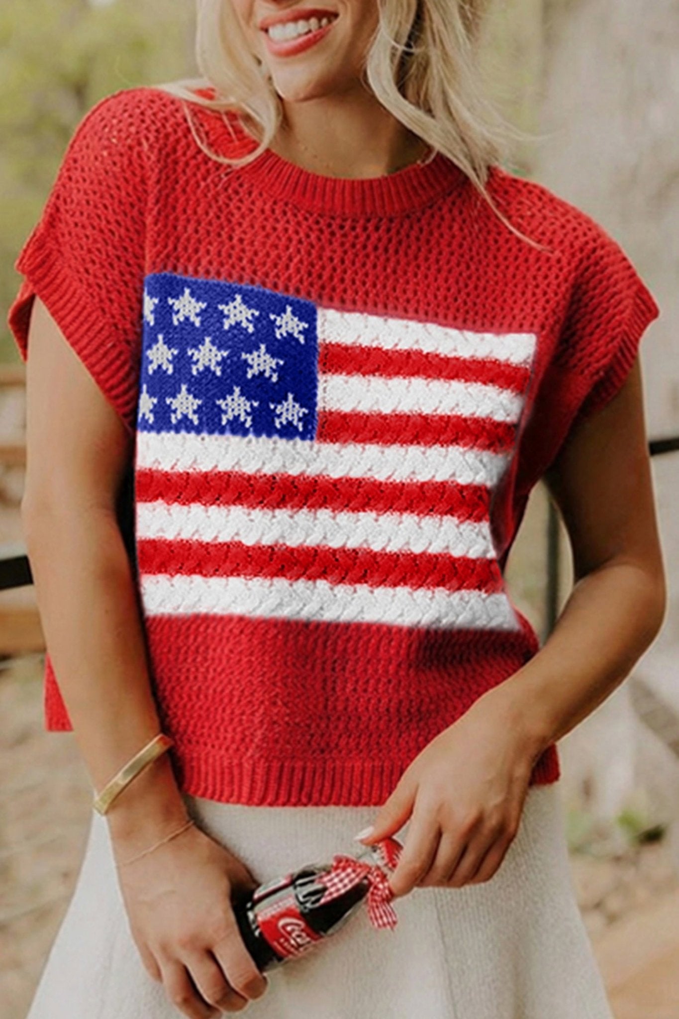 Fiery Red Flag Graphic Short Sleeve Sweater Top - Loving It Shop