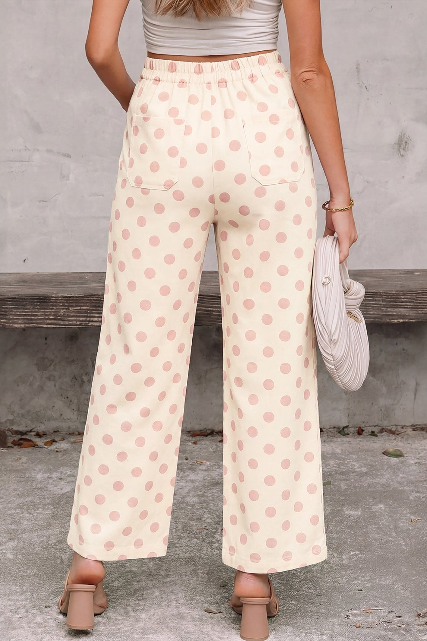 White Polka Dot Print Patched Pocket Loose Pants - Loving It Shop