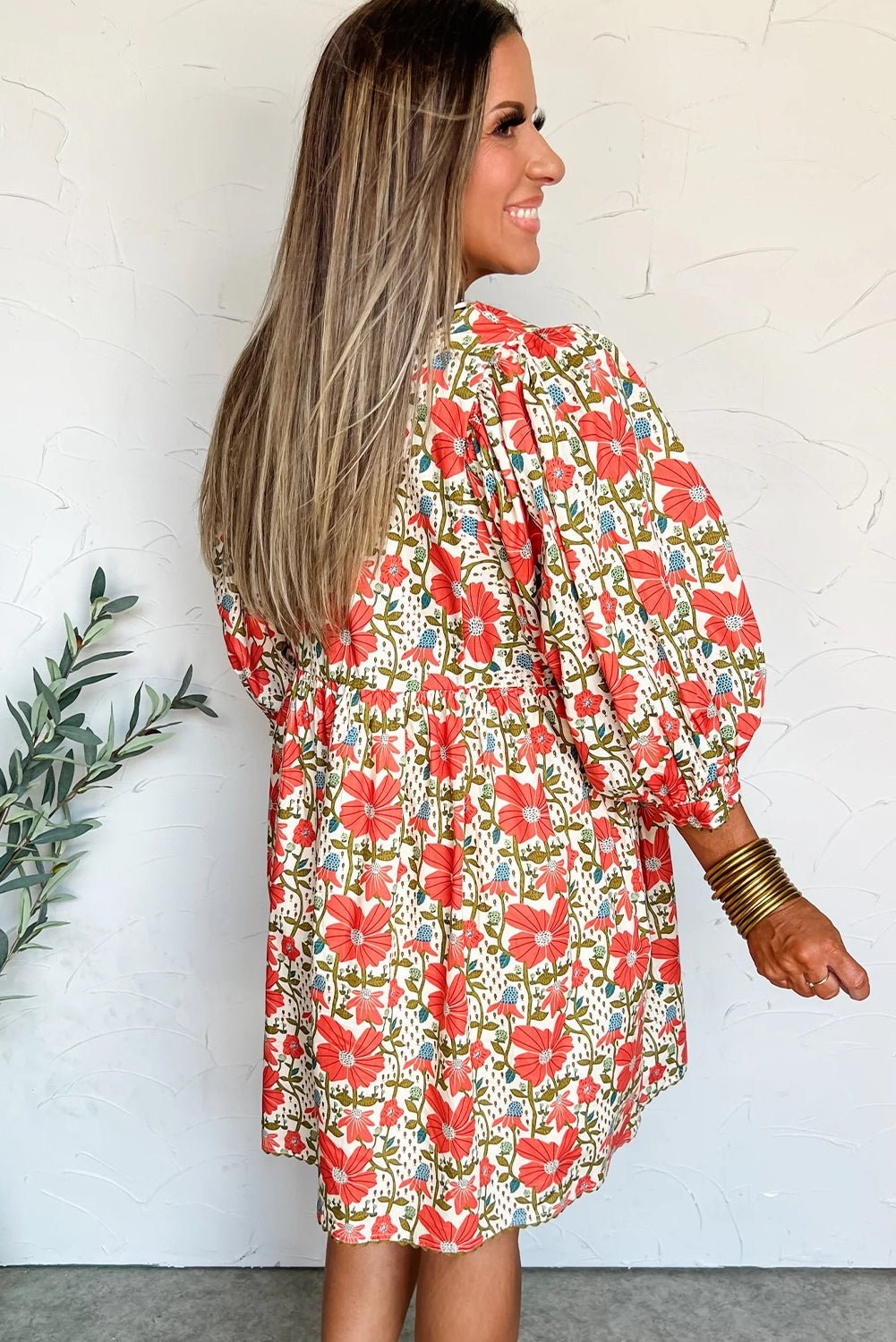 Red Floral Print Ricrac Trim V Neck 3/4 Sleeve Loose Mini Dress - Loving It Shop