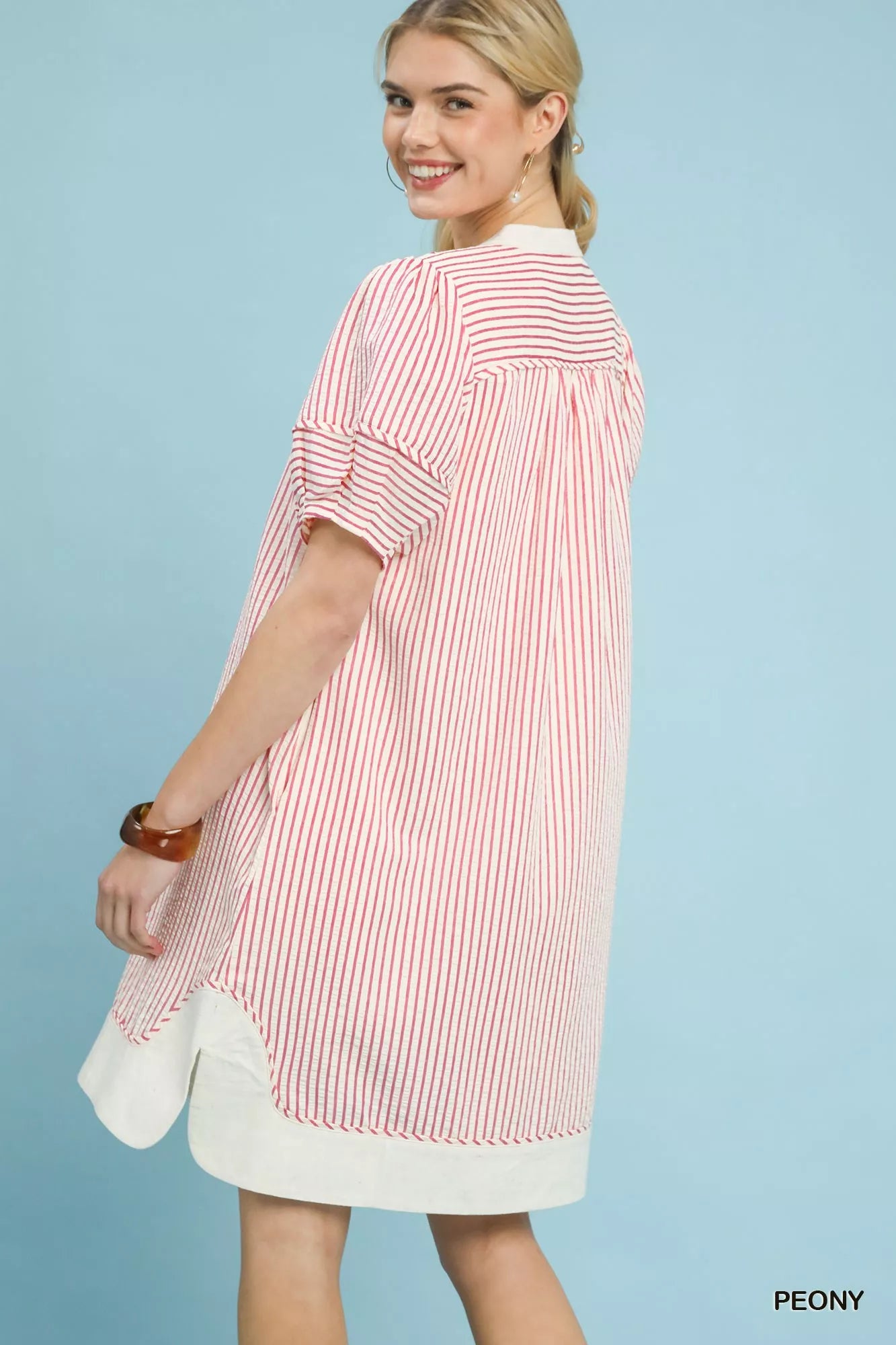 Pinstripe Shift Dress with Contrast Trim