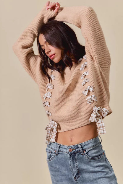 Checkered Plaid Tape Lace Up Ribbed Sweater