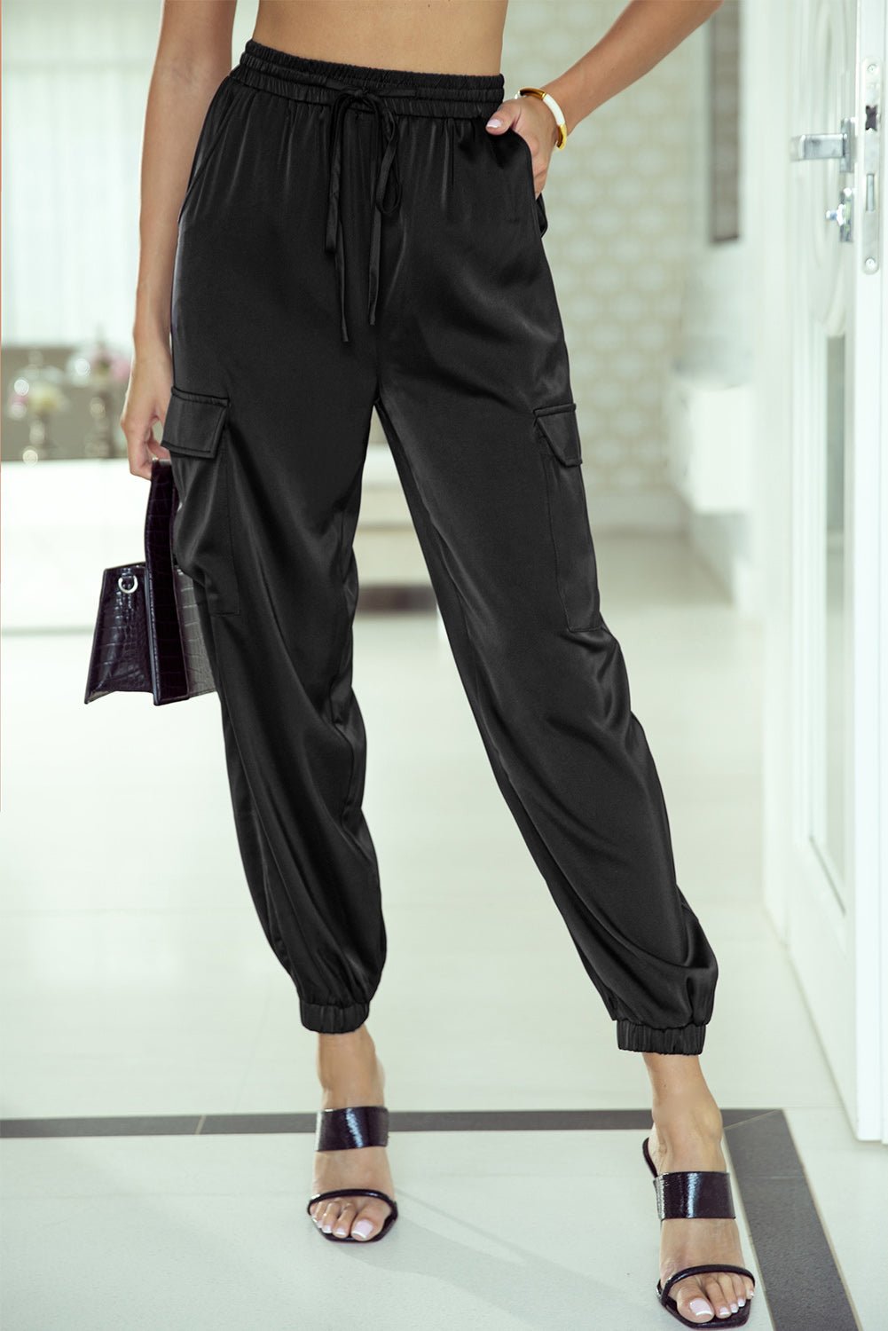 Black Satin Pocketed Drawstring Elastic Waist Pants - Loving It Shop