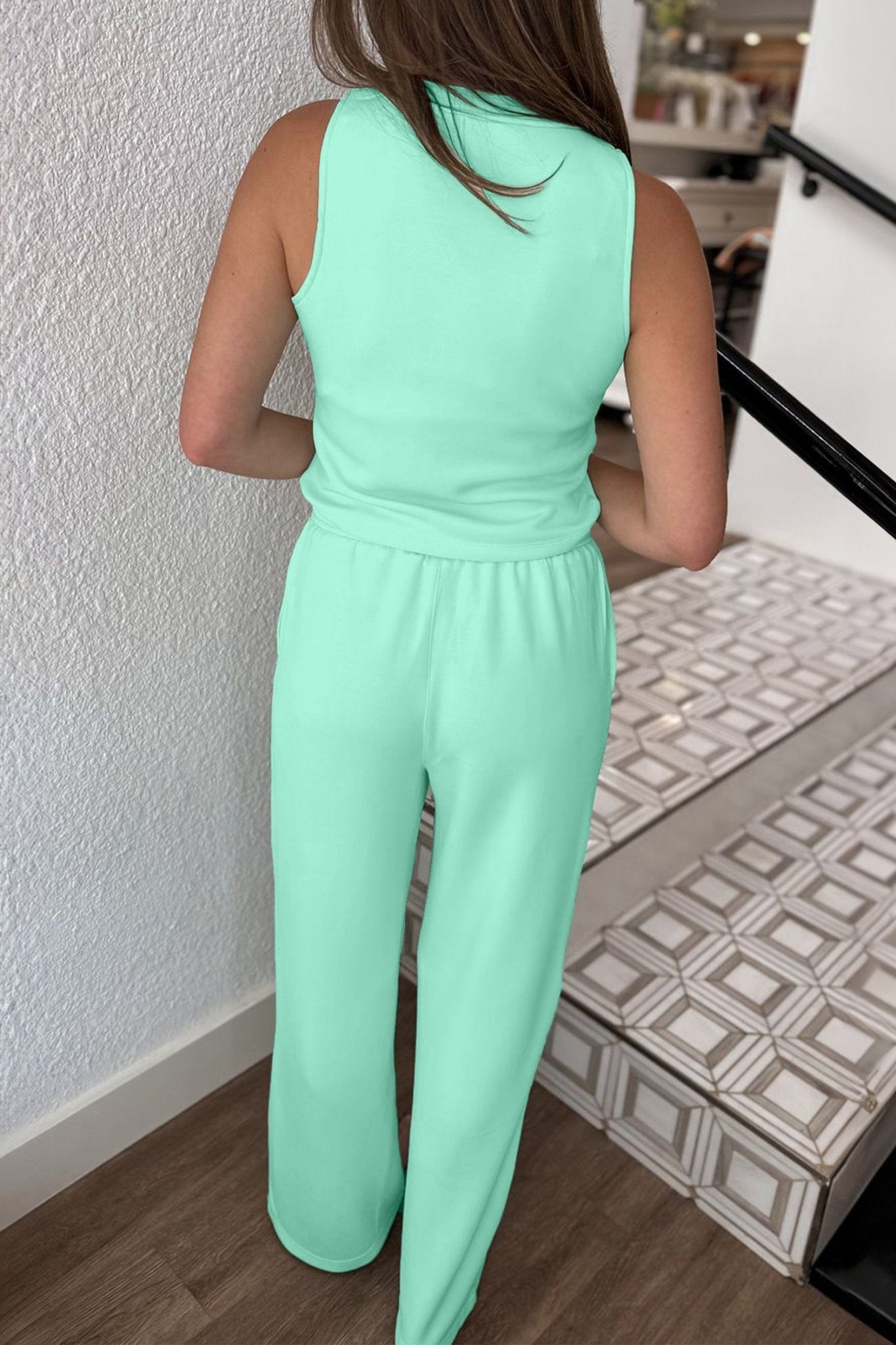 Moonlight Jade Drawstring Elastic Waistband Solid Color Two Piece Casual Set - Loving It Shop