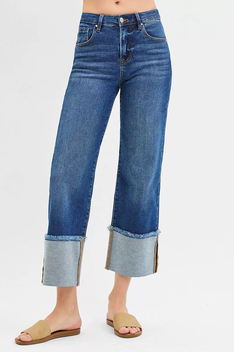 Full Size Mid Rise Crop Wide Wide Cuffed Jeans Plus Size