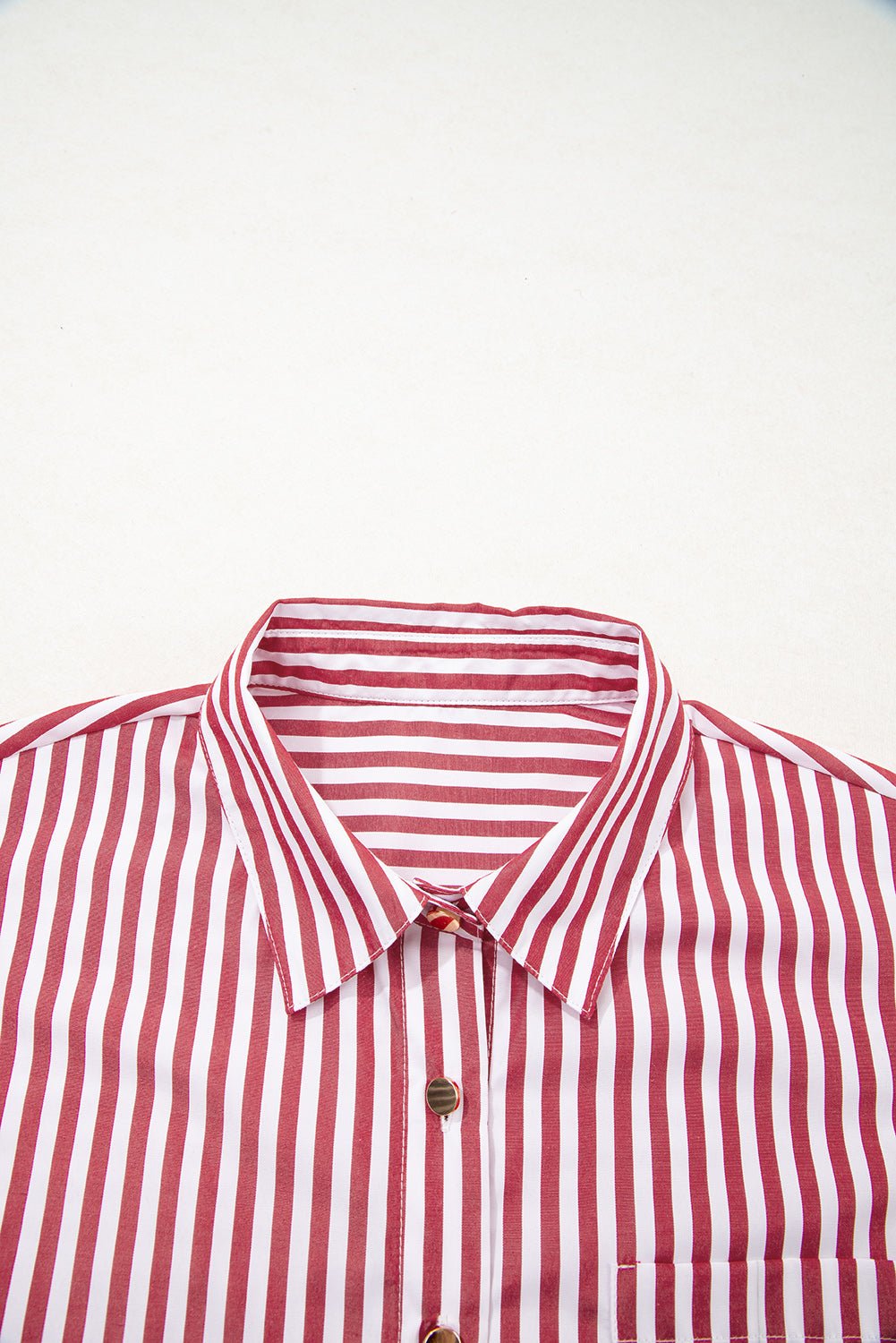 Red Stripe Patched Pocket Side Slit Loose Shirt - Loving It Shop