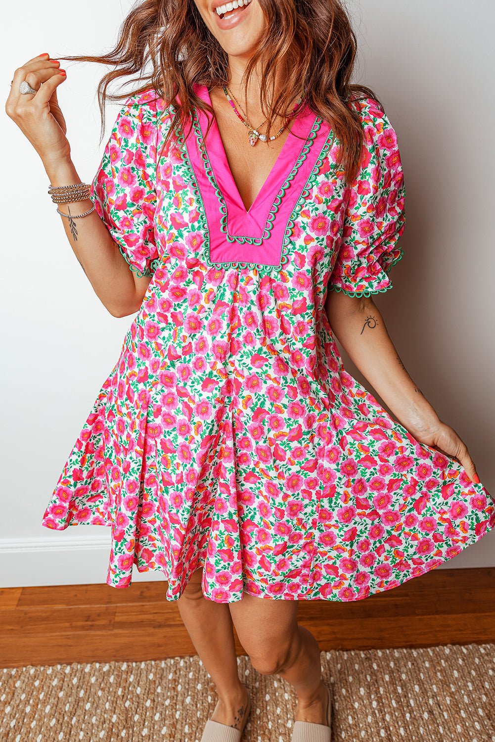 Pink Floral Print V Neck Patchwork Short Bubble Sleeve Mini Dress - Loving It Shop