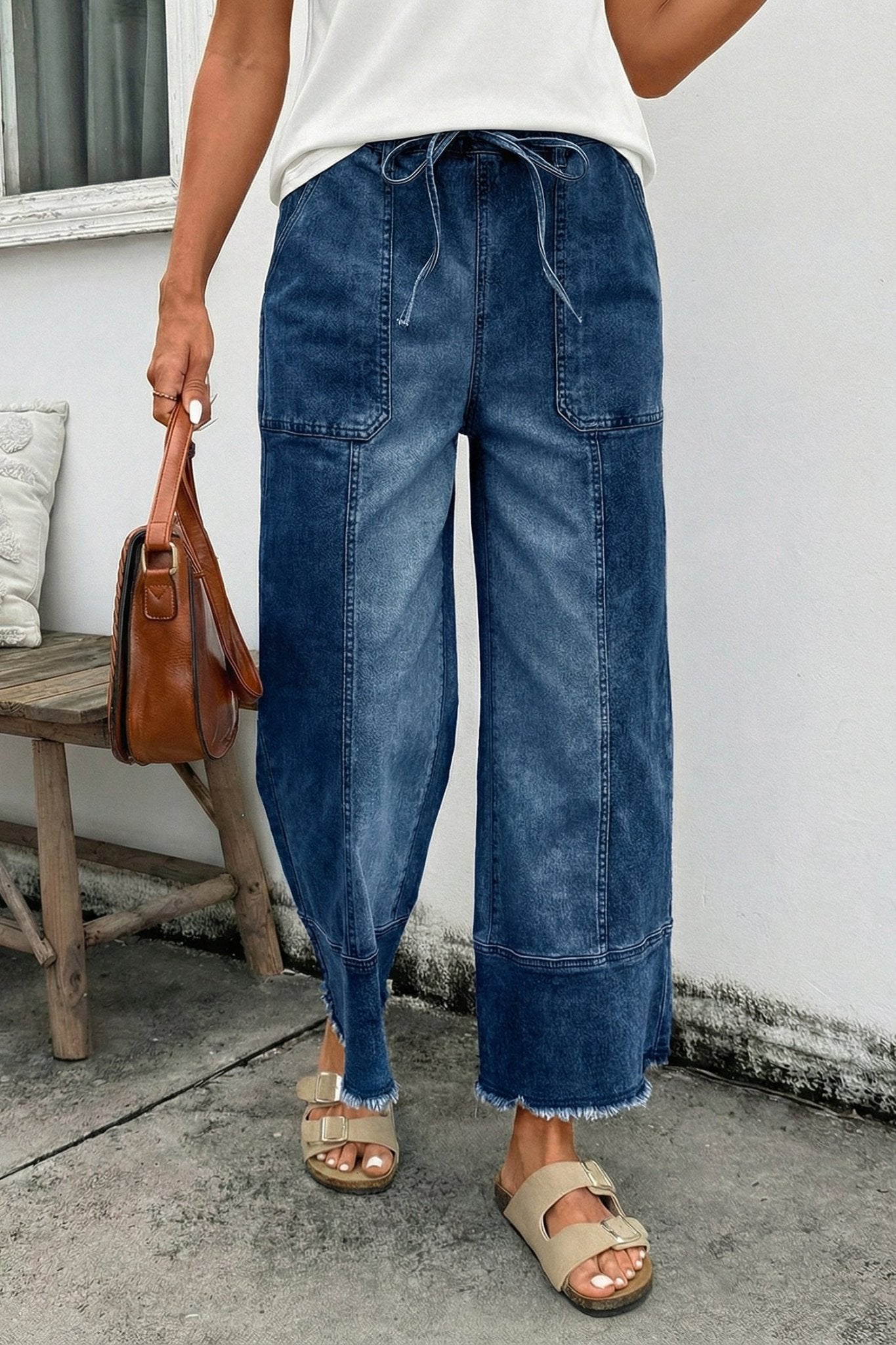 Prussian Blue Drawstring Seam Detail Raw Hem Wide Leg Denim Pants - Loving It Shop