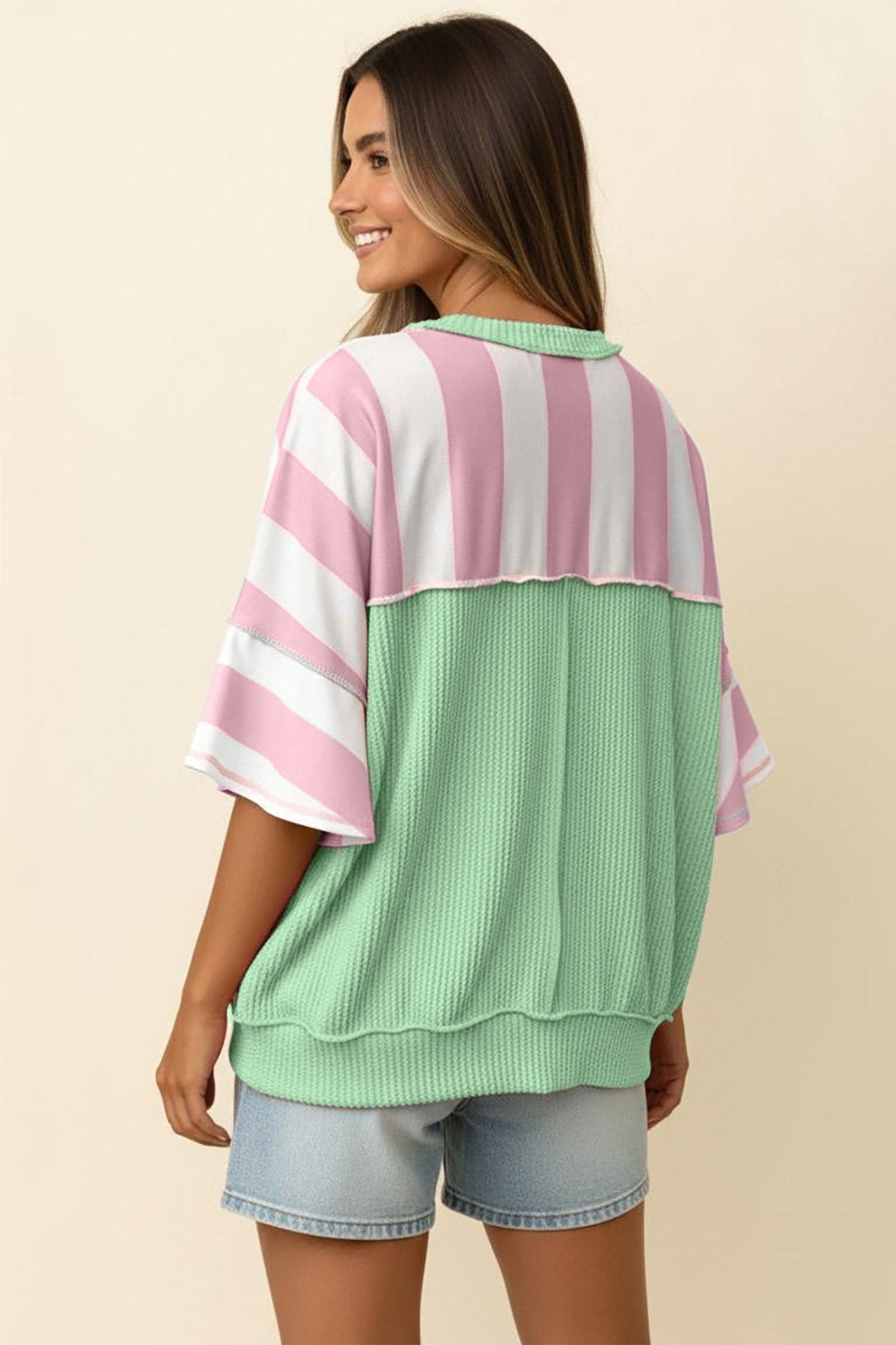 Pink Stripe Exposed Seam Ribbed Patchwork Oversized Tee - Loving It Shop