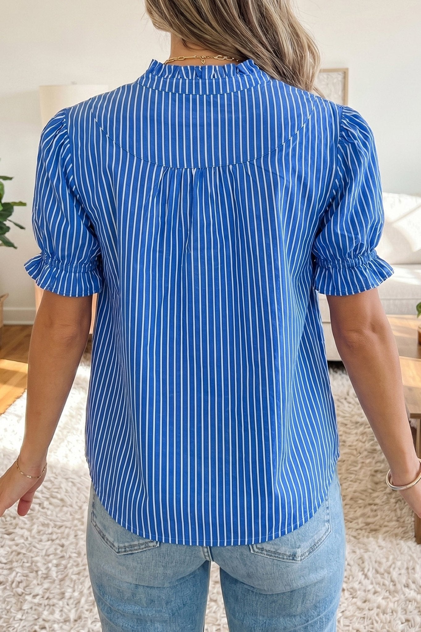 Blue Stripe Ruffled Short Puff Sleeve Button Front Blouse - Loving It Shop