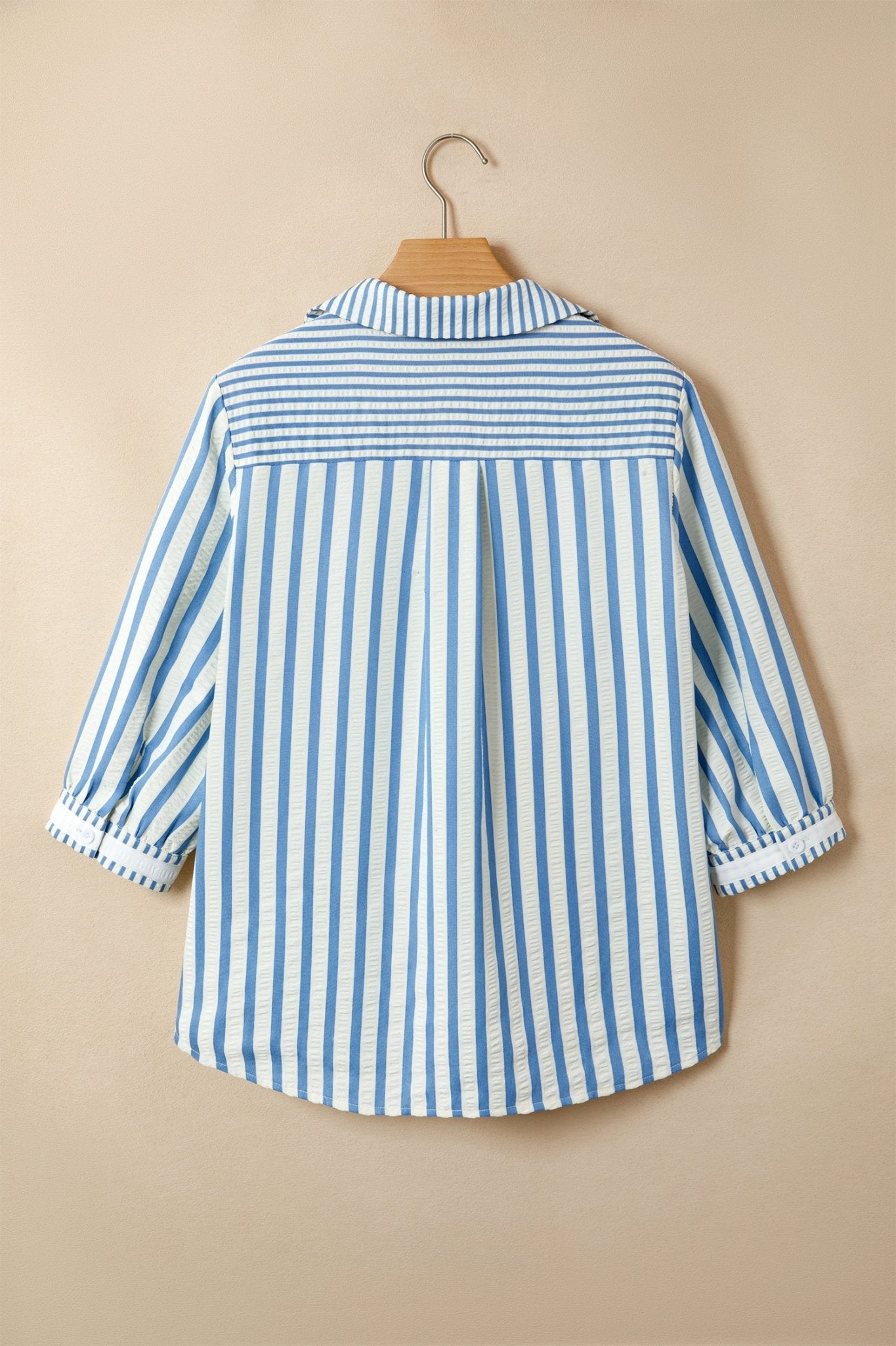 Sky Blue Stripe 3/4 Sleeve Collared Neck Blouse - Loving It Shop