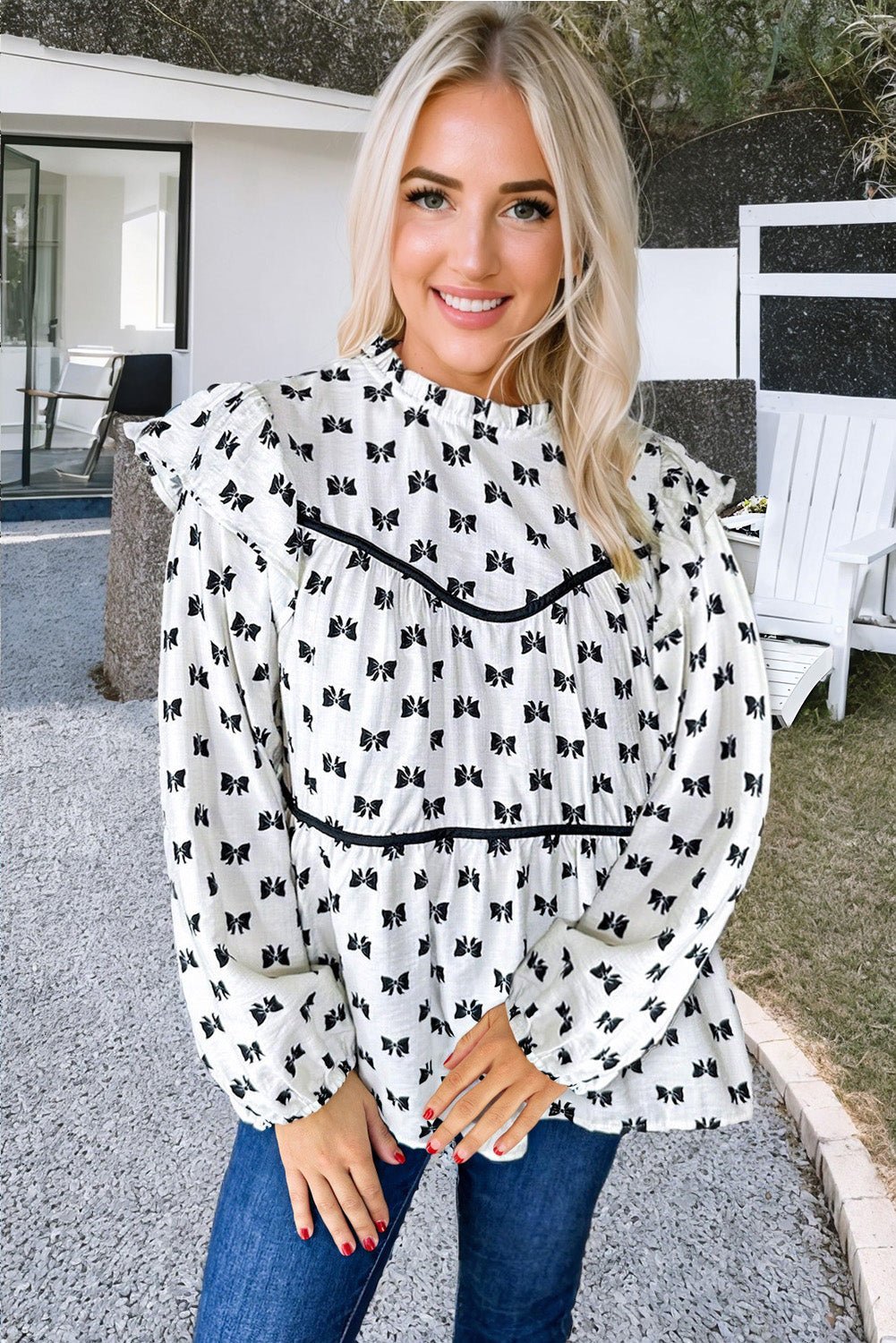 White Bow Knot Print Piping Trim Ruffled Crew Neck Blouse - Loving It Shop