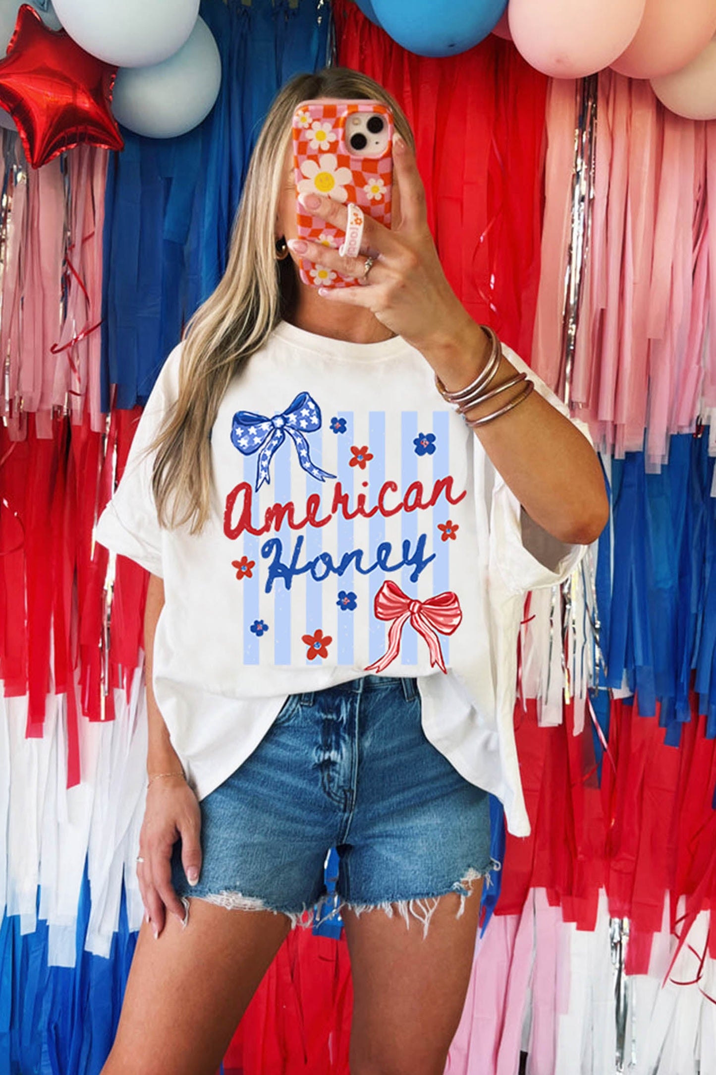 White American Honey Bow Flower Striped Graphic Tee - Loving It Shop