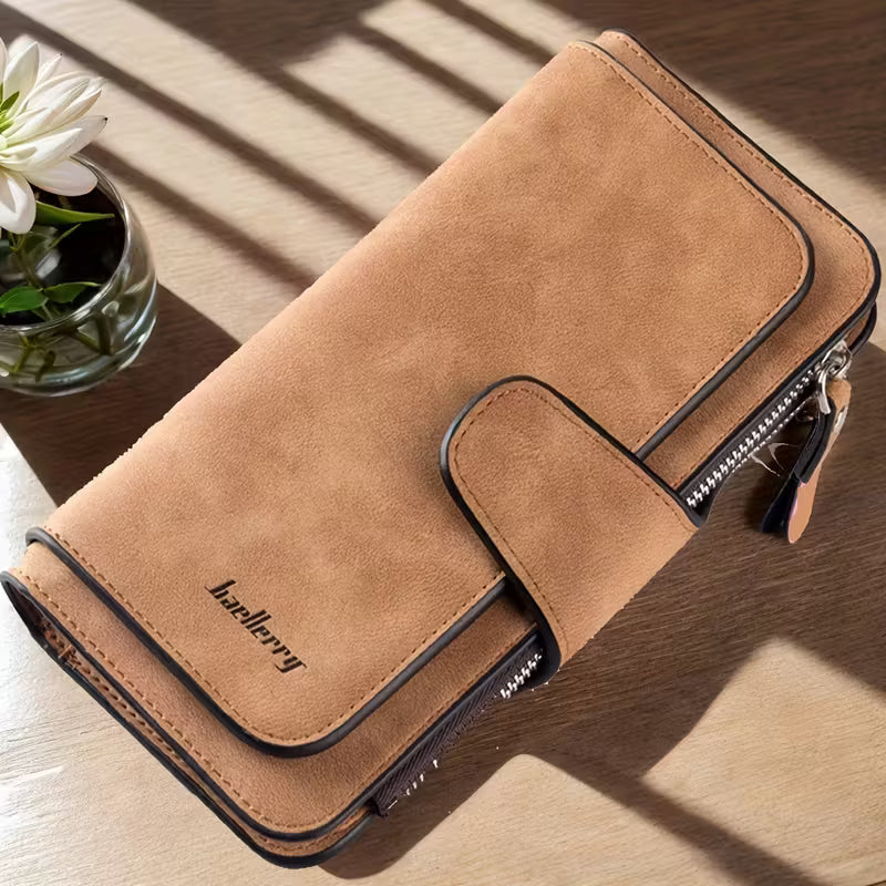 Vintage Faux Leather Long Wallet – Trifold Credit Card Holder with Snap &amp; Zipper
