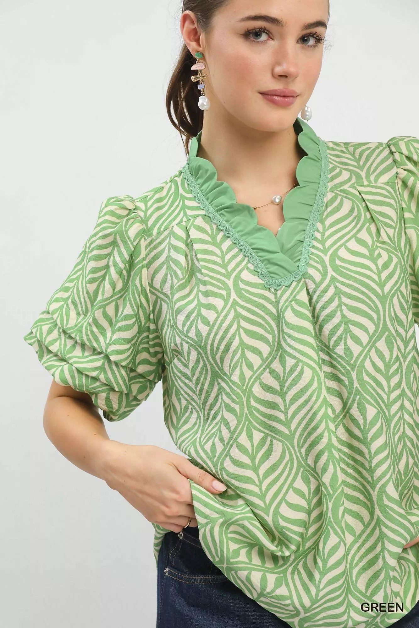 Printed Puff Sleeve Ruffle Neck Top
