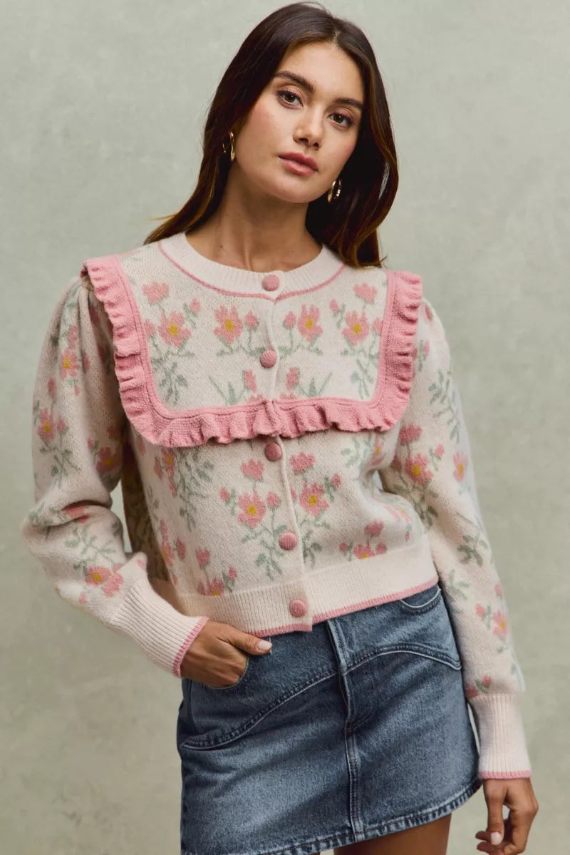Flower With Ruffle Detailing Sweater Cardigan