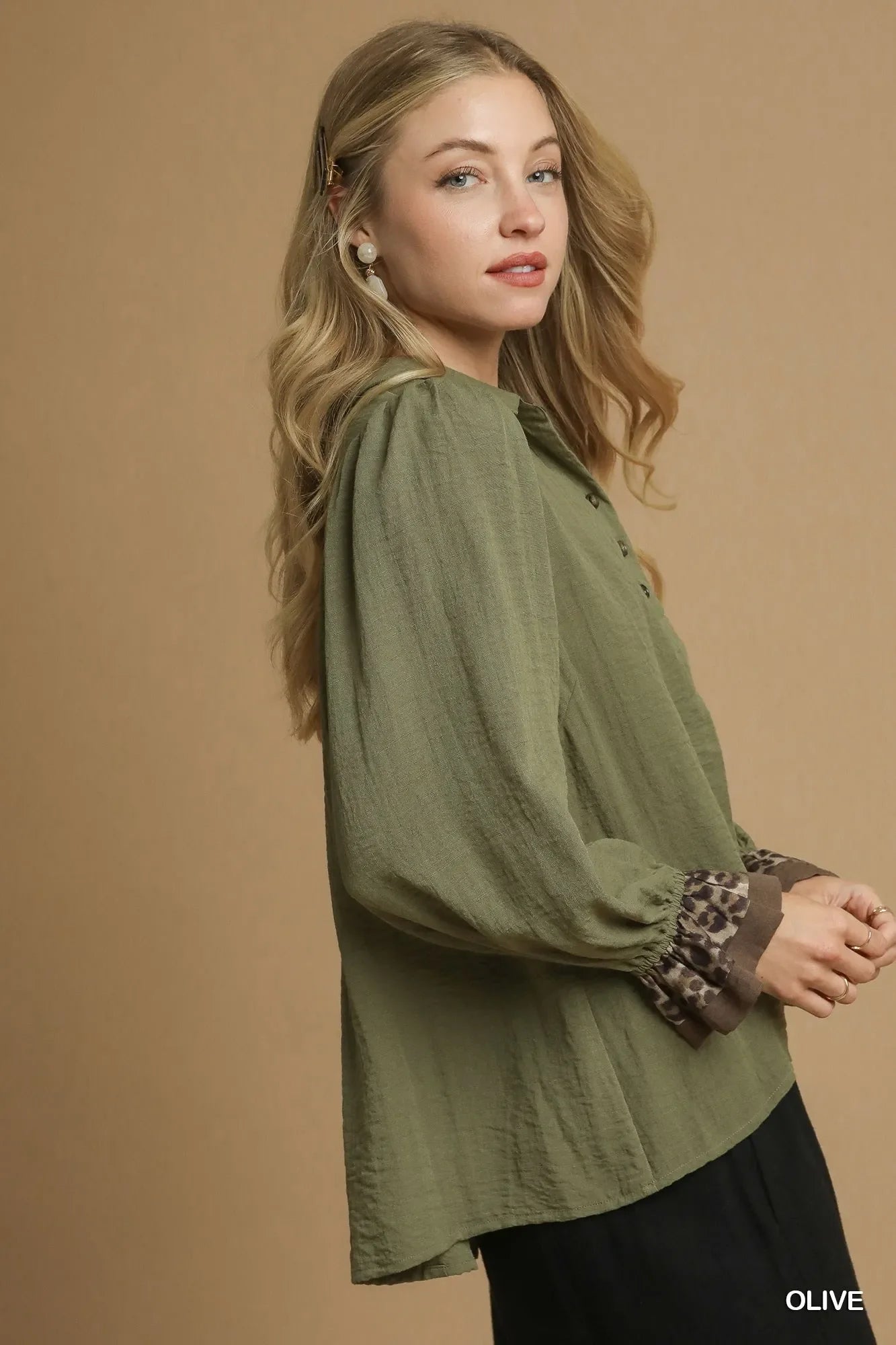 Half Button Blouse with Leopard Print Trim