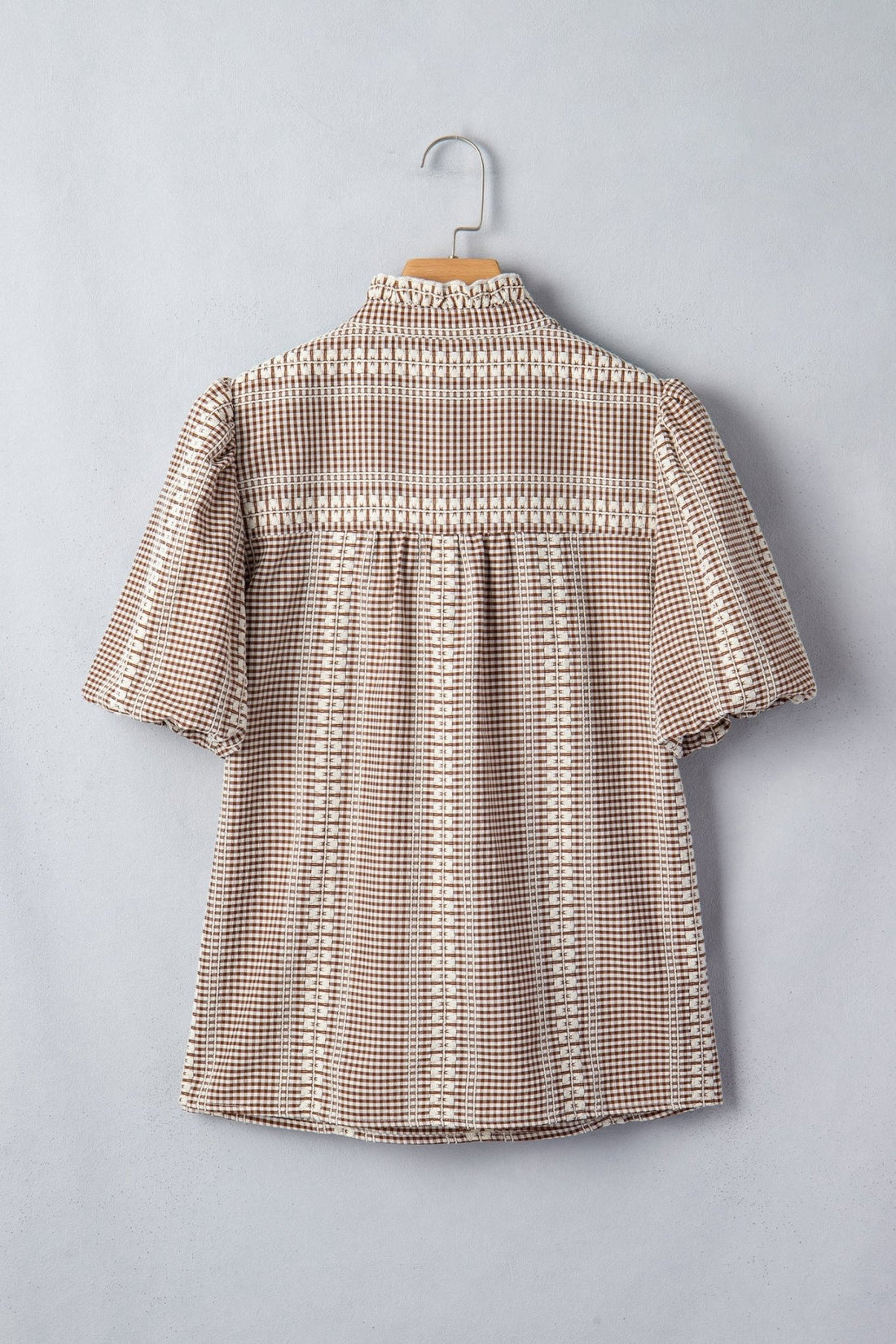 Brown Western Pony Embroidered Yoke Puff Sleeve Gingham Blouse - Loving It Shop