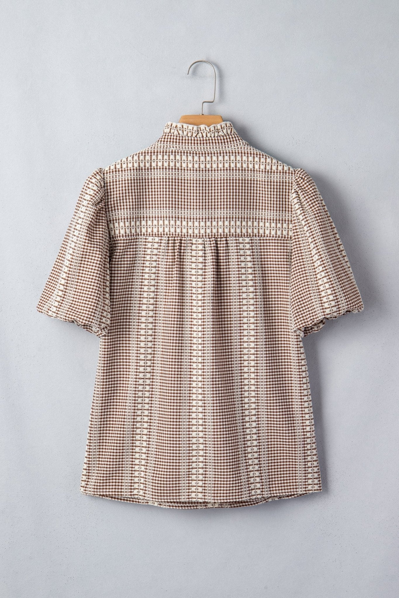 Brown Western Pony Embroidered Yoke Puff Sleeve Gingham Blouse - Loving It Shop