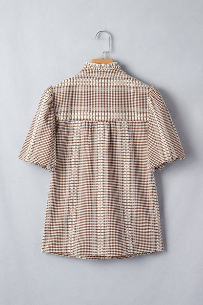 Brown Western Pony Embroidered Yoke Puff Sleeve Gingham Blouse - Loving It Shop