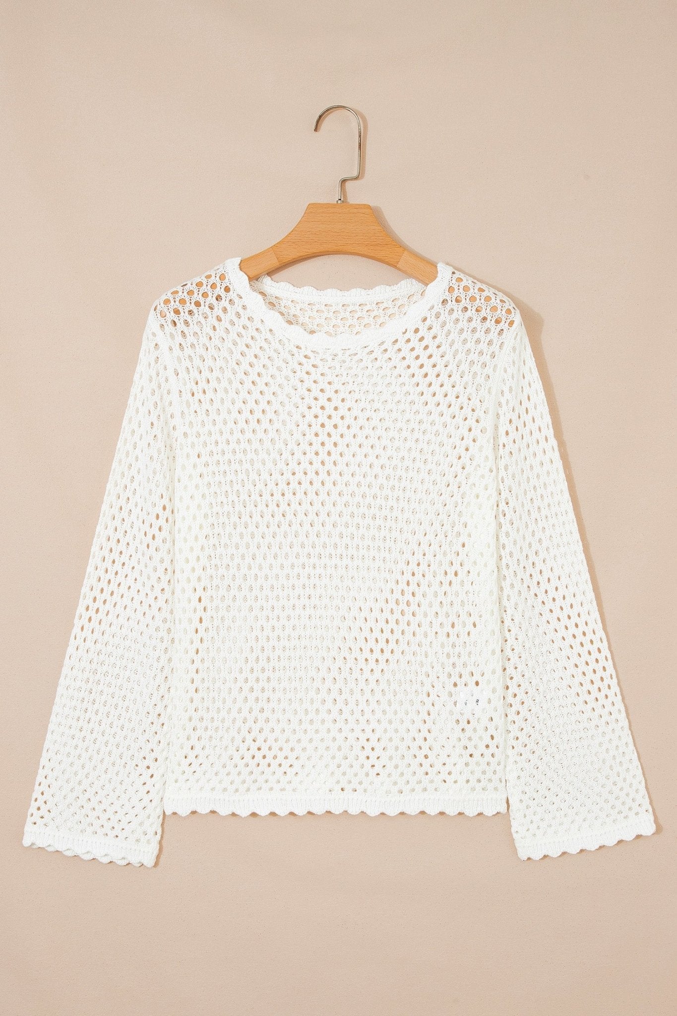 White Scalloped Trim Hollow Out Knit Long Sleeve Top - Loving It Shop