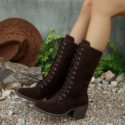 Mid-calf Fashion Suede Lace-up Pointed Chunky Heel Women&