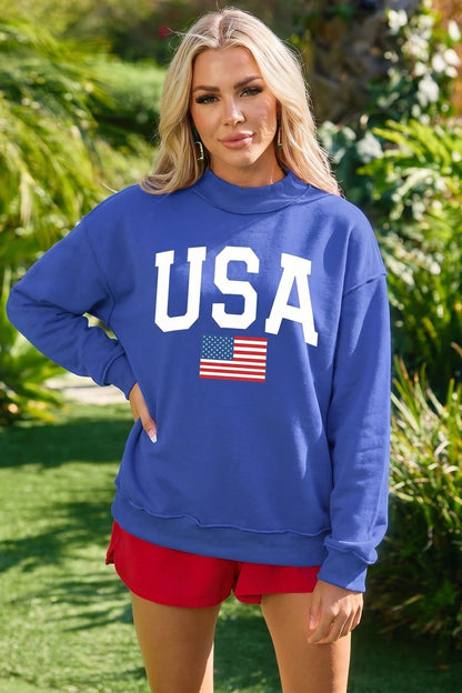 Dark Blue Mock Neck Reversible USA/America Graphic Sweatshirt - Loving It Shop