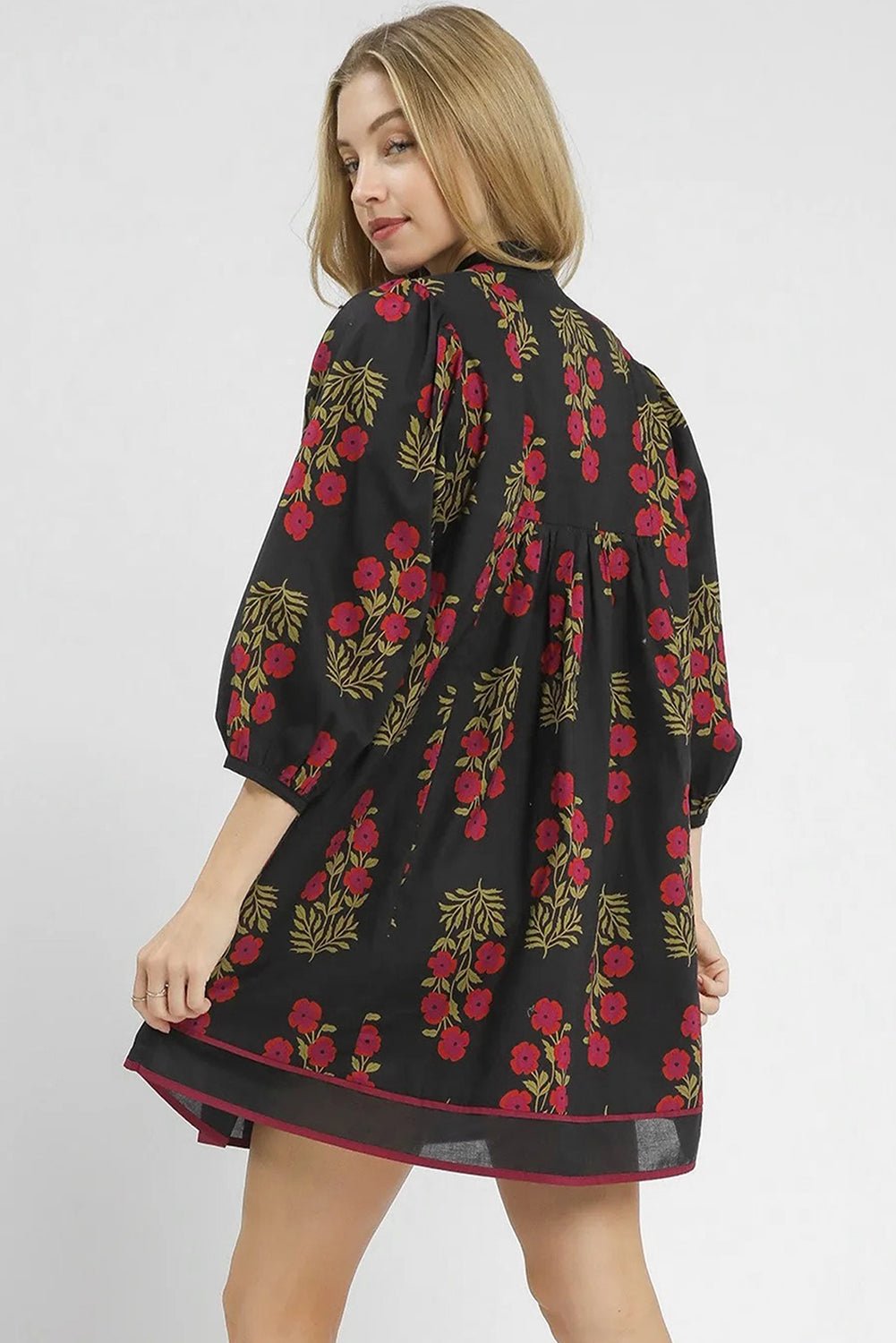 Black Floral Print Notched Neck Piping Trim Bracelet Sleeve Babydoll Dress - Loving It Shop