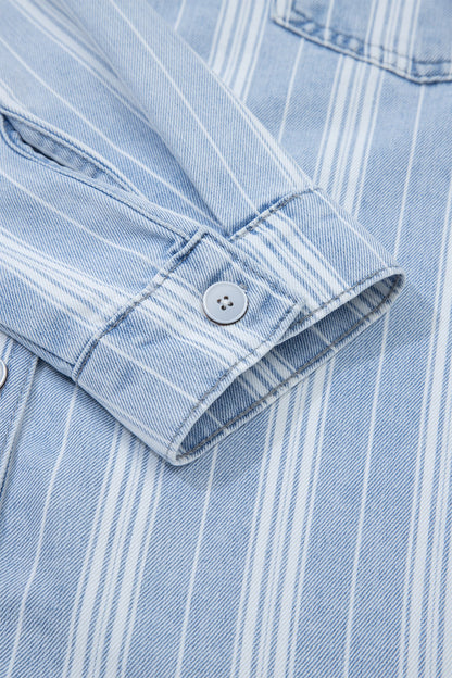 Sky Blue Stripe Boyfriend Chest Pocket Classic Denim Shacket