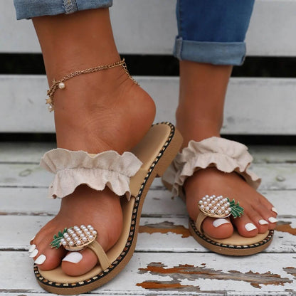 Faux Pearl &amp; Pineapple Decor Toe Post Thong Sandals