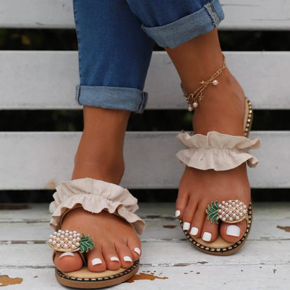 Faux Pearl &amp; Pineapple Decor Toe Post Thong Sandals