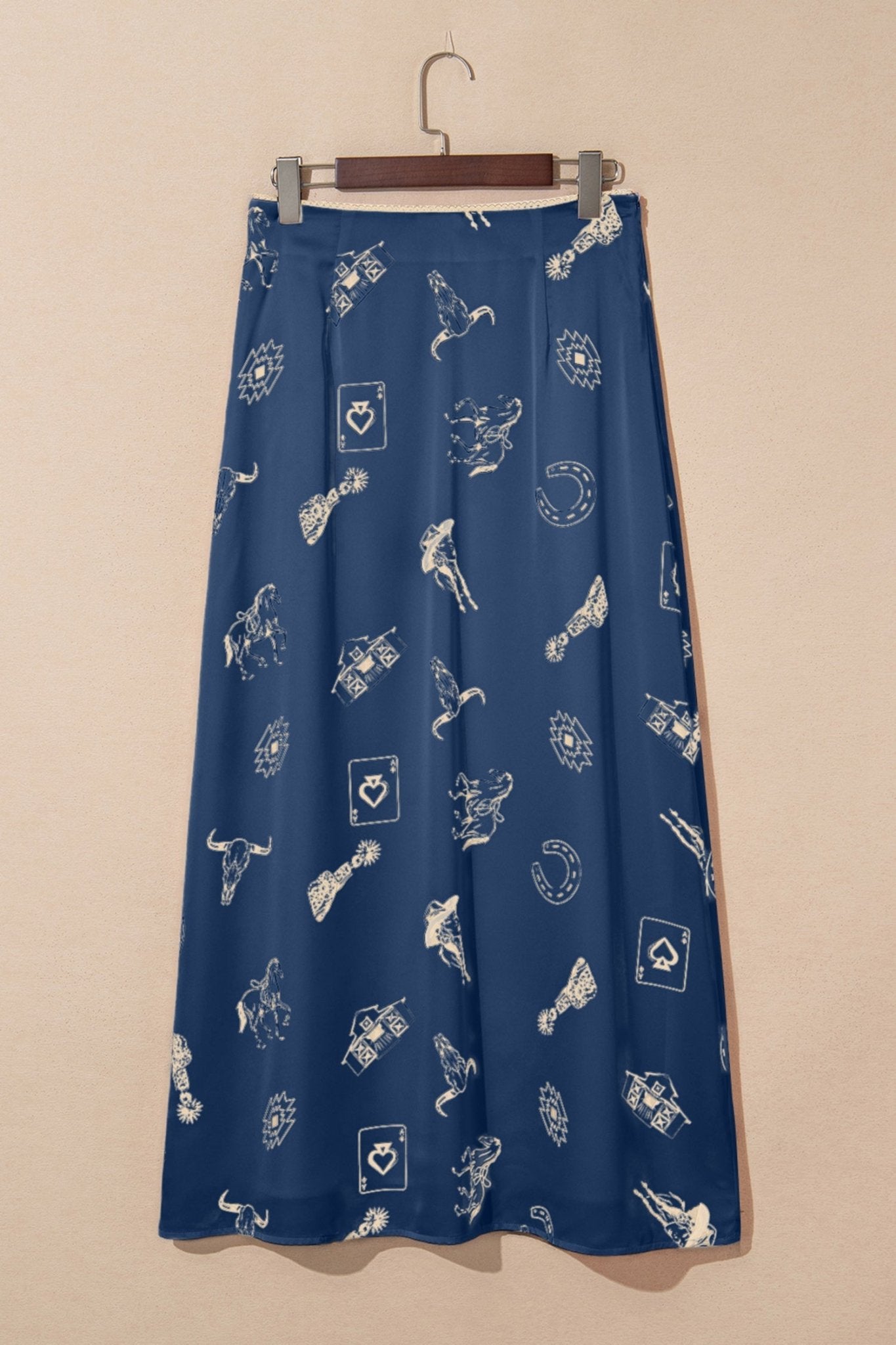 Navy Blue Western Print Satin Long Skirt - Loving It Shop