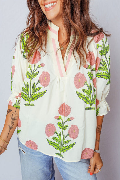 Casual Wild Flower Print V Neck 3/4 Sleeve Blouse - Loving It Shop