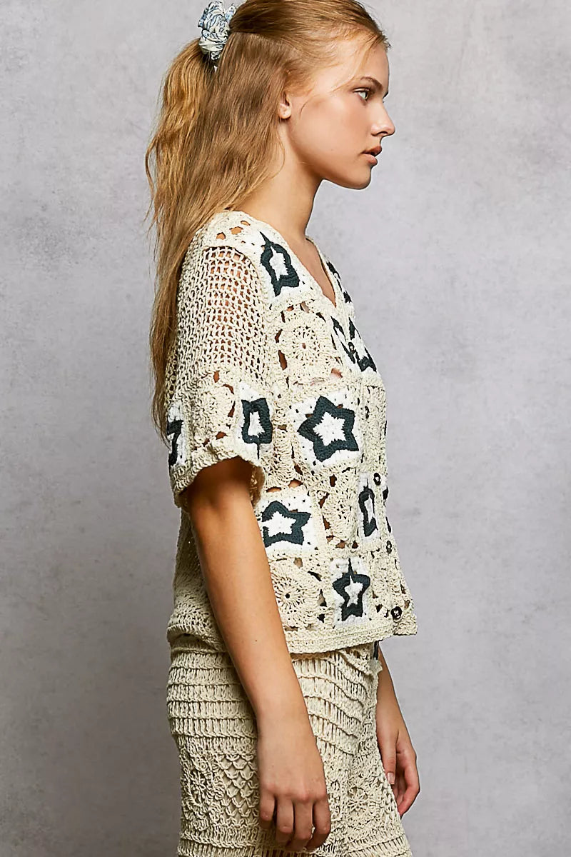 Button Front V-Neck Crochet Cardigan with Contast Star