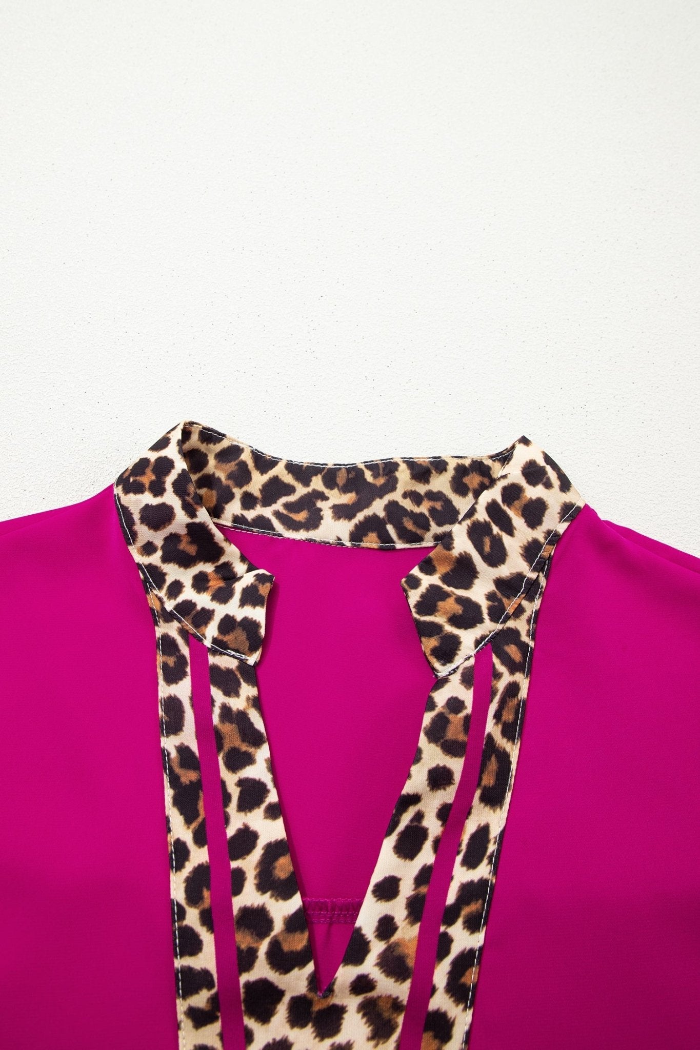 Violet Leopard Patchwork Trim Split Neck Short Sleeve Blouse - Loving It Shop