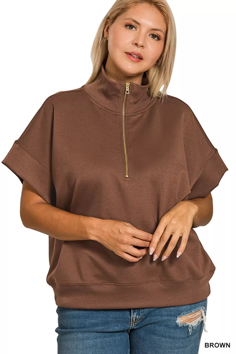 Full Size Scuba High Neck Half Zip Short Sleeve Top Plus Size